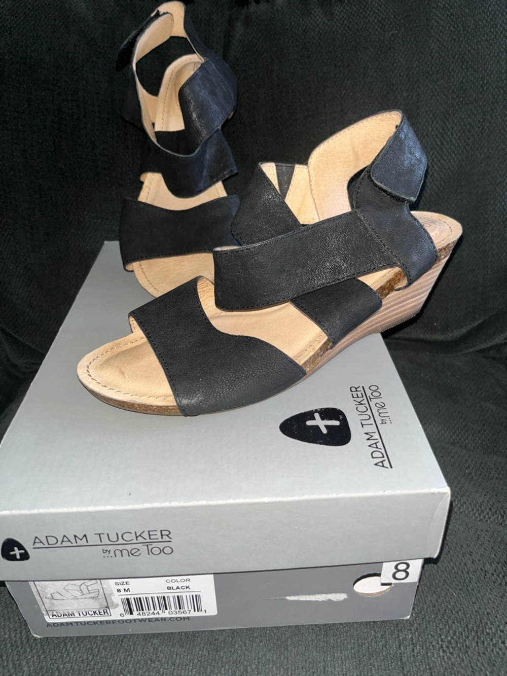 Adam Tucker Black Leather Strappy Wedge Sandals